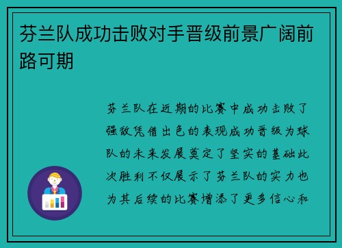 芬兰队成功击败对手晋级前景广阔前路可期