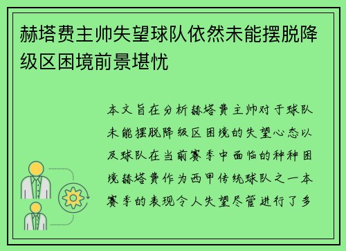 赫塔费主帅失望球队依然未能摆脱降级区困境前景堪忧