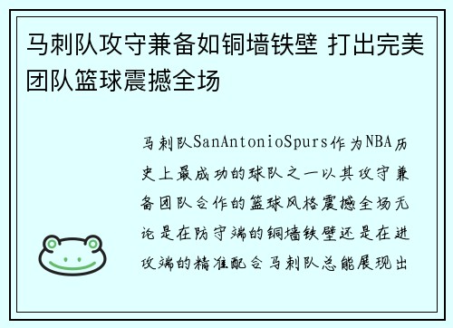 马刺队攻守兼备如铜墙铁壁 打出完美团队篮球震撼全场