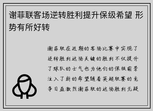 谢菲联客场逆转胜利提升保级希望 形势有所好转