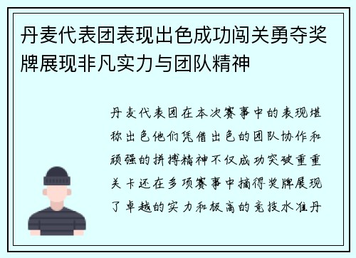 丹麦代表团表现出色成功闯关勇夺奖牌展现非凡实力与团队精神