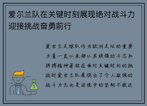 爱尔兰队在关键时刻展现绝对战斗力迎接挑战奋勇前行